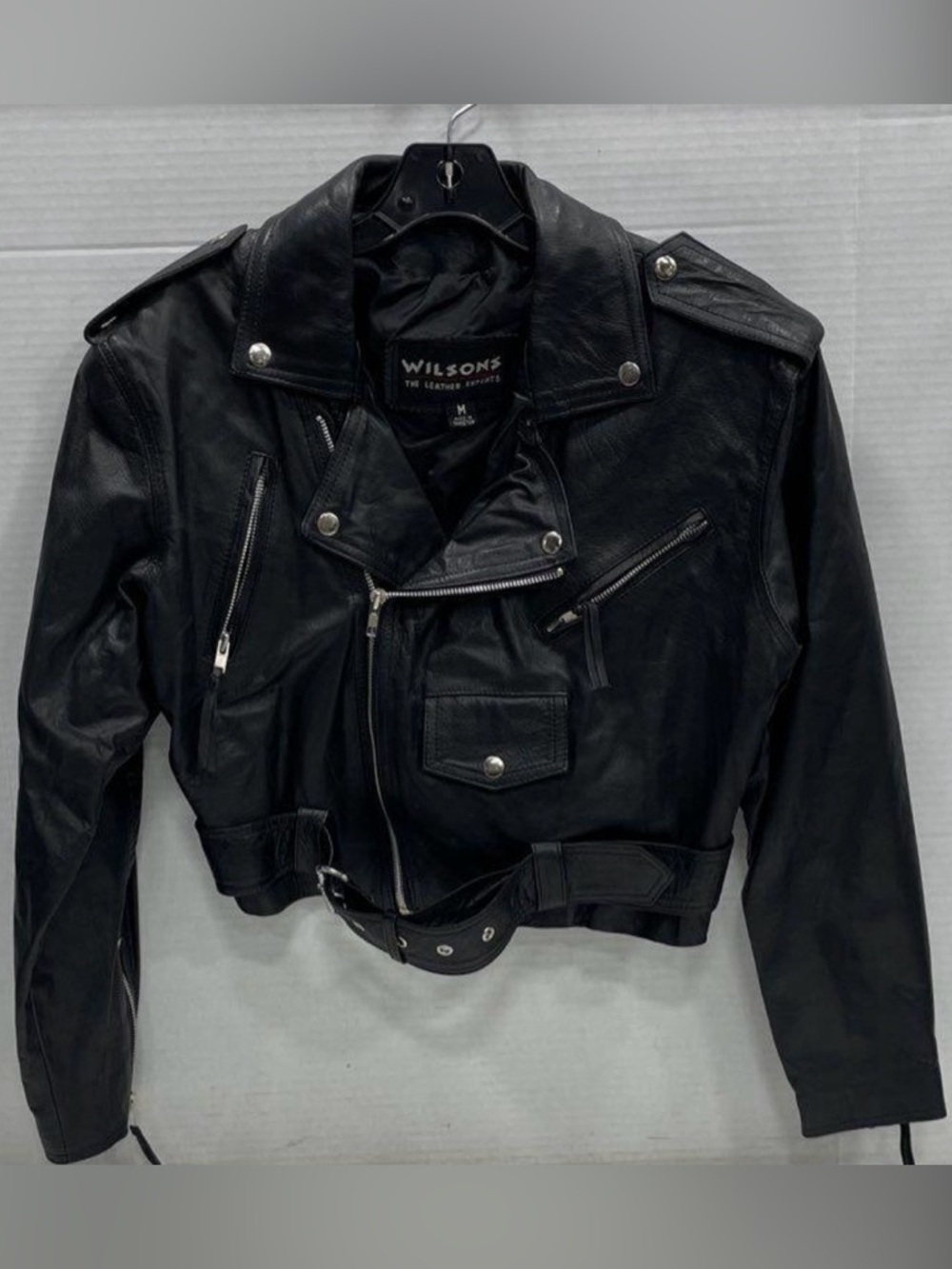 Vintage 80’s Wilson Cropped Leather Moto Jacket w/Belt, Pockets, Zippers   Sz M